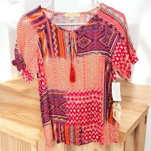 Colorful Patchwork Blouse with Tassel Detail